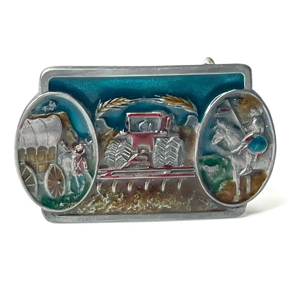 VTG 1986 CJ INC Cowboys & Indians BELT BUCKLE Farm Tractor Indian Chief Horse - Picture 7 of 7
